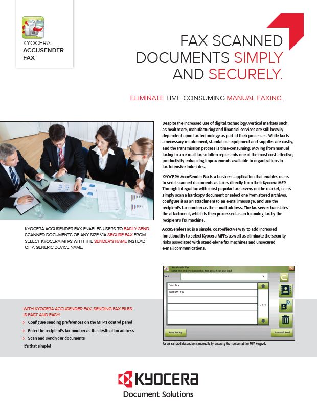 Kyocera Software Capture And Distribution Accusender Fax Brochure Thumb, Bauernfeind Business Technologies, Wisconsin, WI, Kyocera, KIP, FP, Konica Minolta, MBM, Dealer, Copier, Printer, MFP