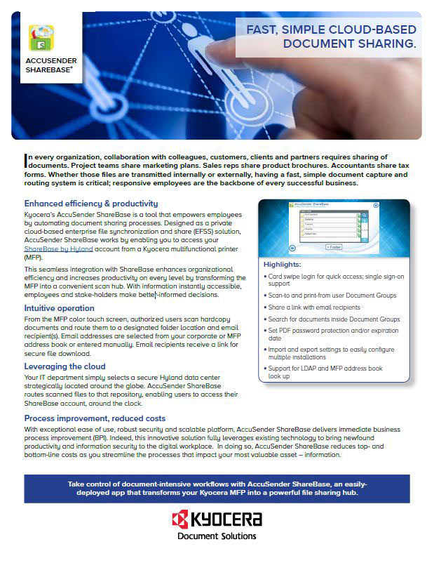 Kyocera Software Document Management Accusender Sharebase Data Sheet Thumb, Bauernfeind Business Technologies, Wisconsin, WI, Kyocera, KIP, FP, Konica Minolta, MBM, Dealer, Copier, Printer, MFP