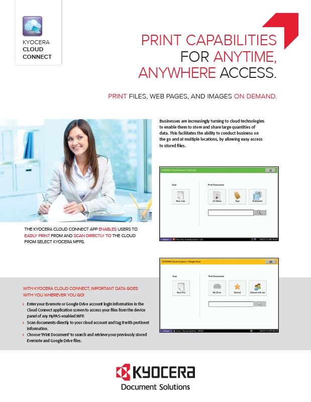 Kyocera Software Mobile And Cloud Kyocera Cloud Connect Data Sheet Thumb, Bauernfeind Business Technologies, Wisconsin, WI, Kyocera, KIP, FP, Konica Minolta, MBM, Dealer, Copier, Printer, MFP