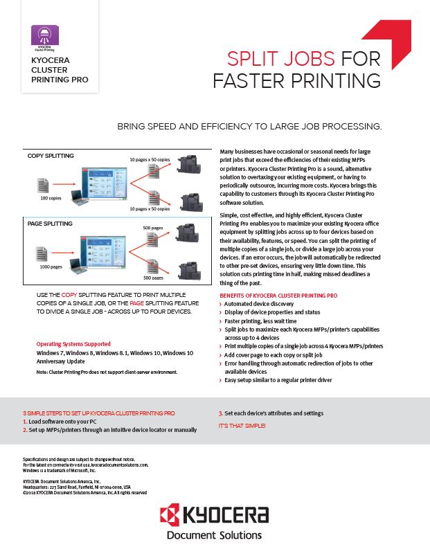 Kyocera Software Output Management Kyocera Cluster Printing Pro Data Sheet Thumb, Bauernfeind Business Technologies, Wisconsin, WI, Kyocera, KIP, FP, Konica Minolta, MBM, Dealer, Copier, Printer, MFP