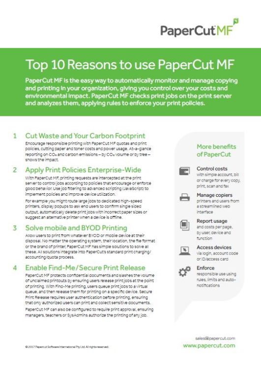 Top 10 Reasons, Papercut MF, Bauernfeind Business Technologies, Wisconsin, WI, Kyocera, KIP, FP, Konica Minolta, MBM, Dealer, Copier, Printer, MFP